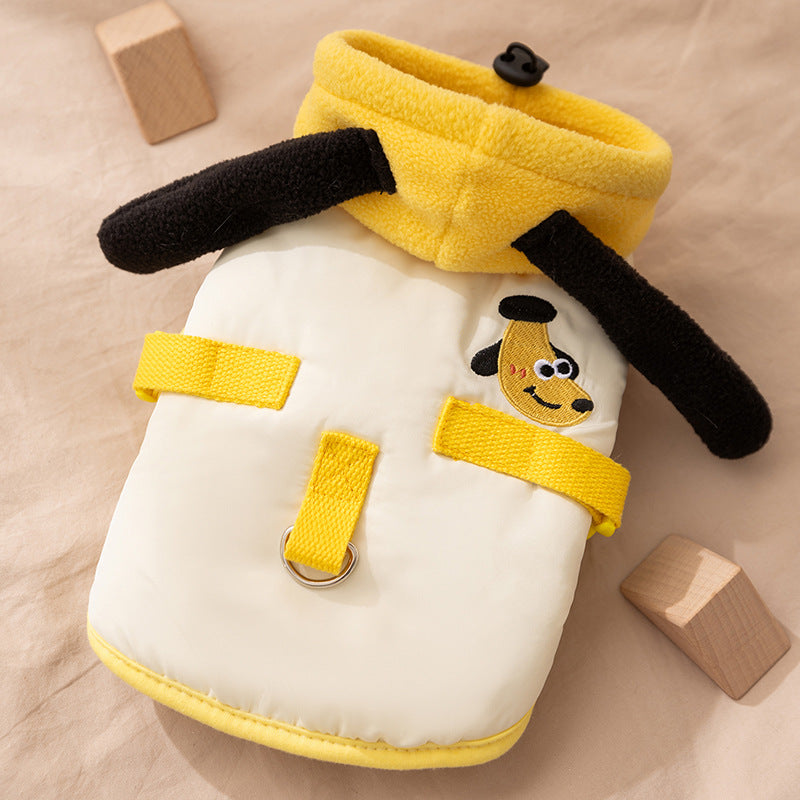 Autumn And Winter Cat Hairless Warm Cartoon Embroidered Hooded Cotton Coat, Small And Medium-sized Dog Teddy Pet Dog Clothes