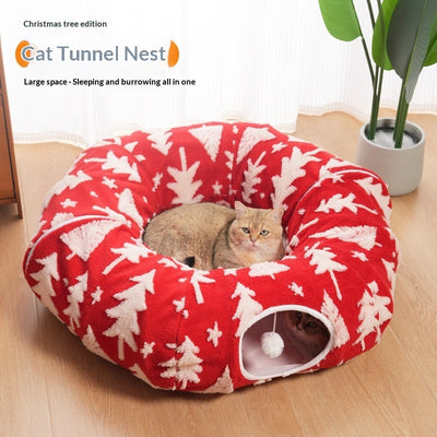 Christmas Tree Cat Tunnel Cat Bed Flannel Pet Nest